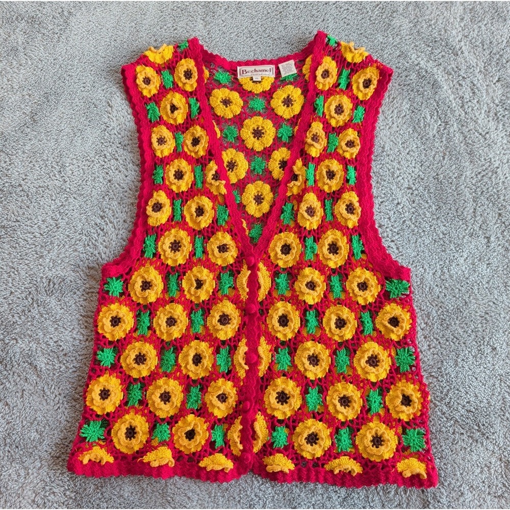Vintage Bechamel Sunflower Crochet  Vest Size XL Ramie Cotton Knit Boho Layering